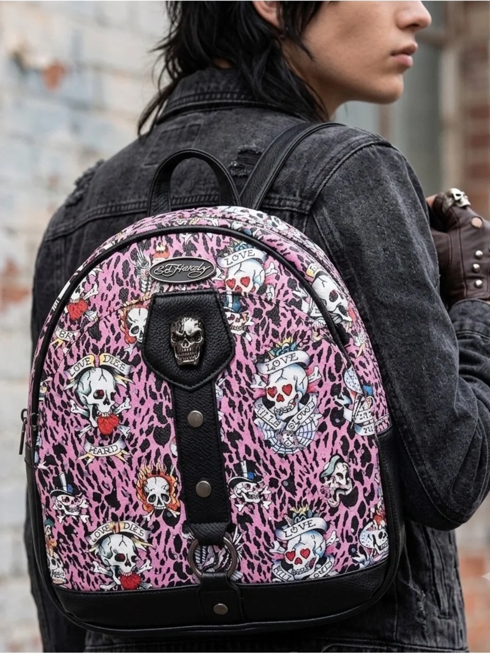 ED HARDY Pink Leopard Skulls Love Kills Backpack. Streetwear, Y2K, Alternative
