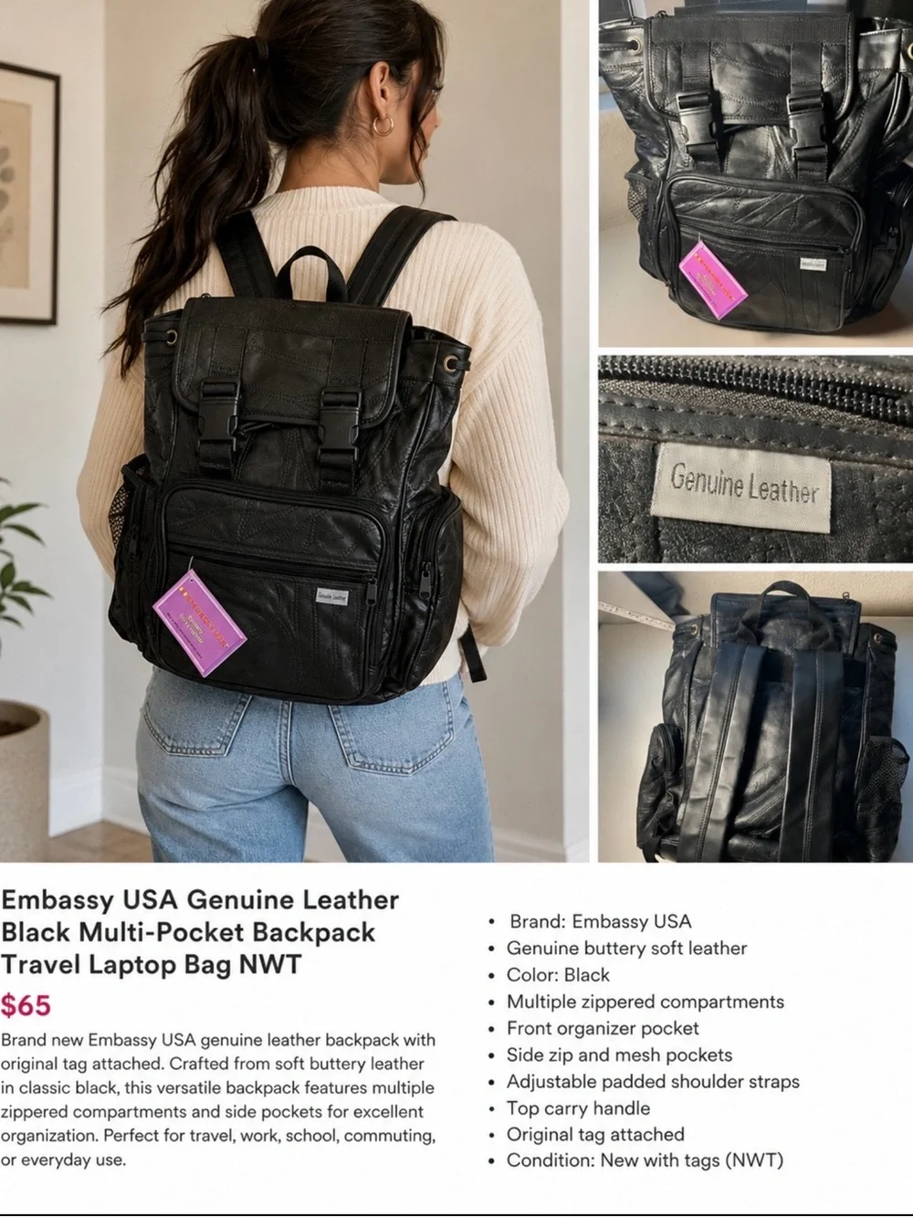 Embassy USA Genuine Leather Black Multi-Pocket Backpack Travel Laptop Bag NWT