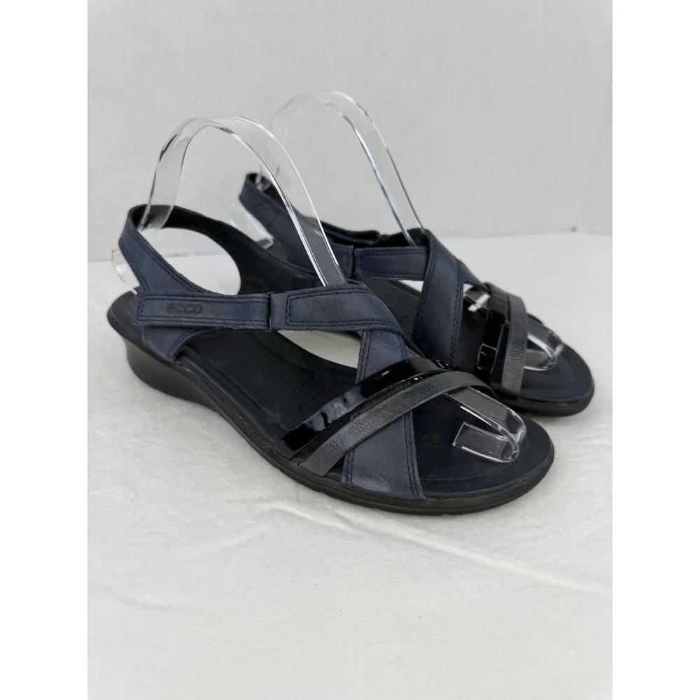 ECCO Felicia Navy Blue‎ Leather Multi Strap Wedge Slingback Sandals Womens 39