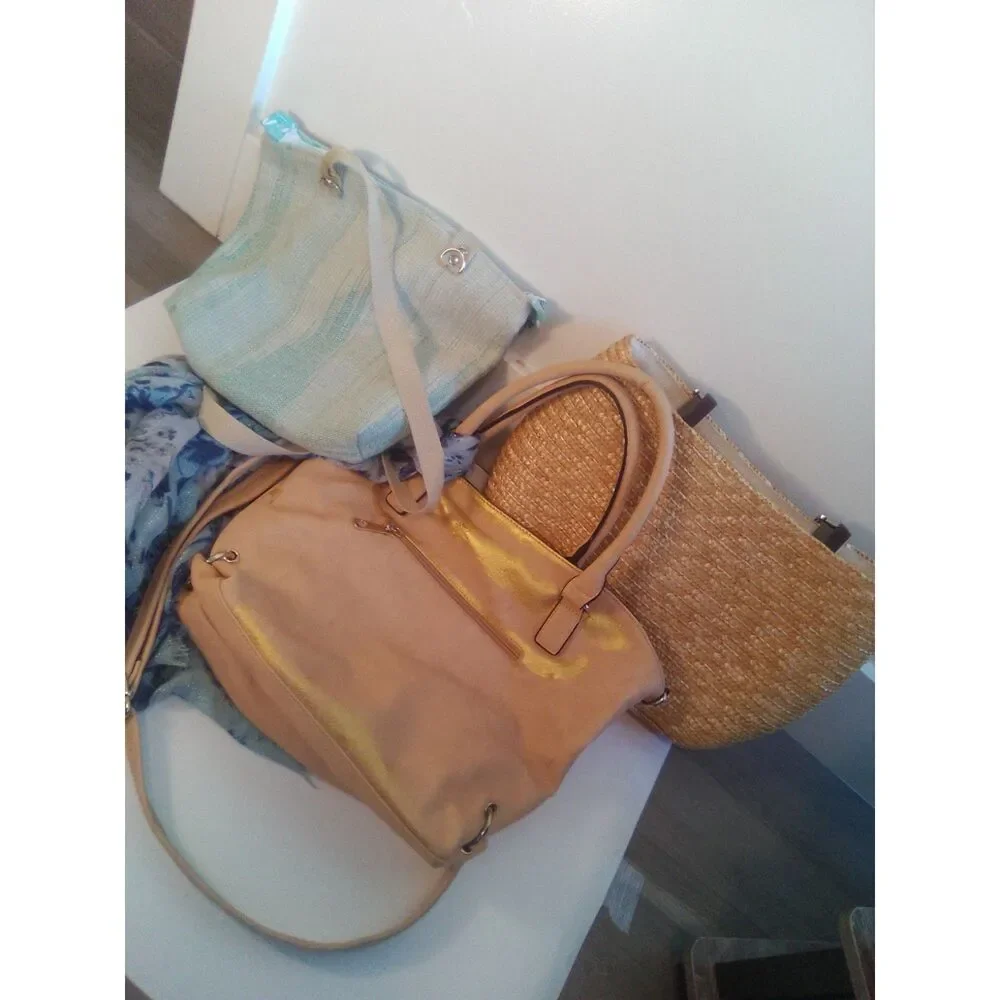 Quirky 3-Bag Bundle! Vegan Tote w/scarf & gold paint, Woven Purse, & Lancôme Bag