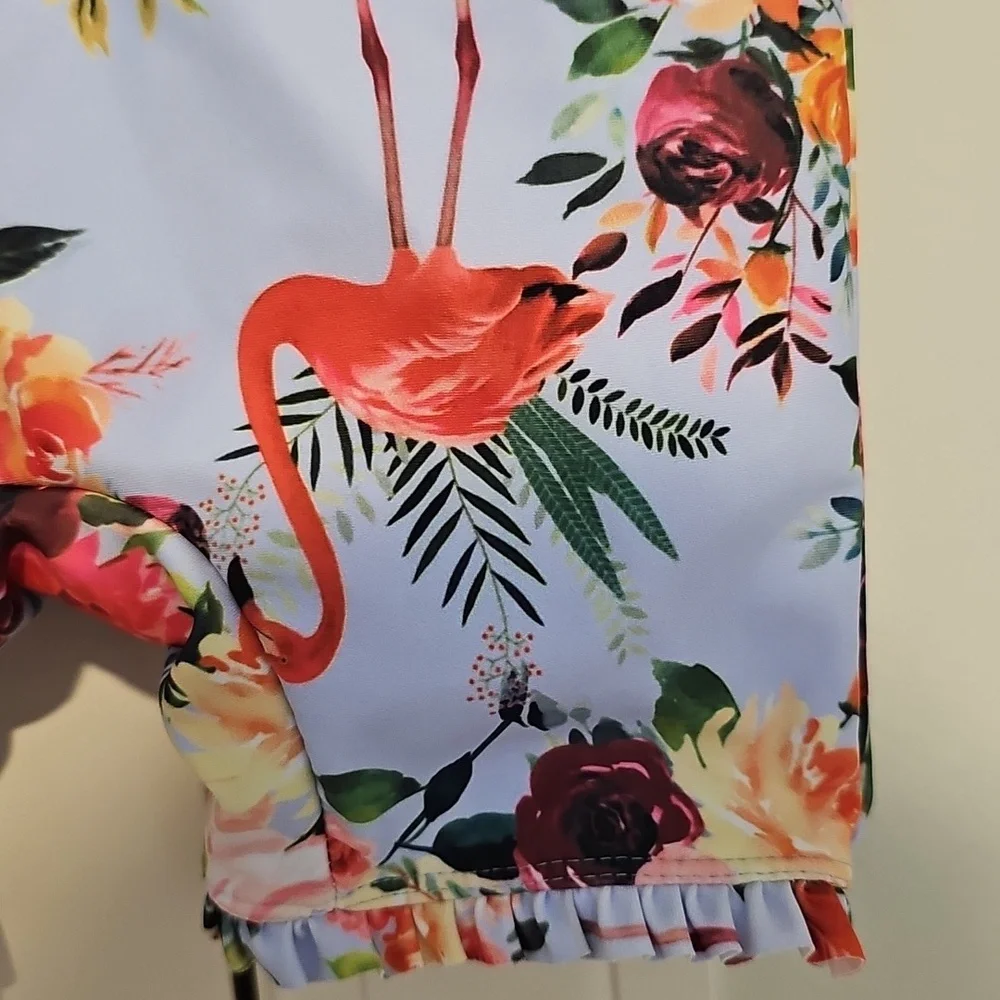 2 - 3y Swimsuit Romper Floral Flamingo Zip Ruffle Trim