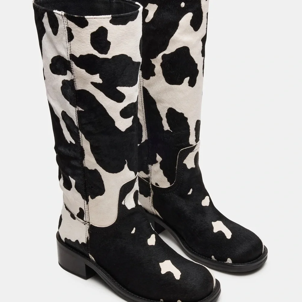 Steve Madden Black & White Cow-Print Over-the-Knee Boots
