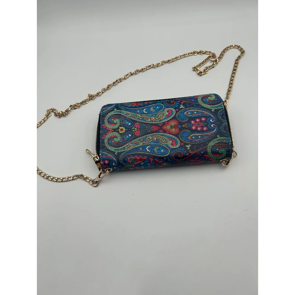 Paisley Print Wallet on a Chain Crossbody Bag Multi-Color Boho Clutch B723