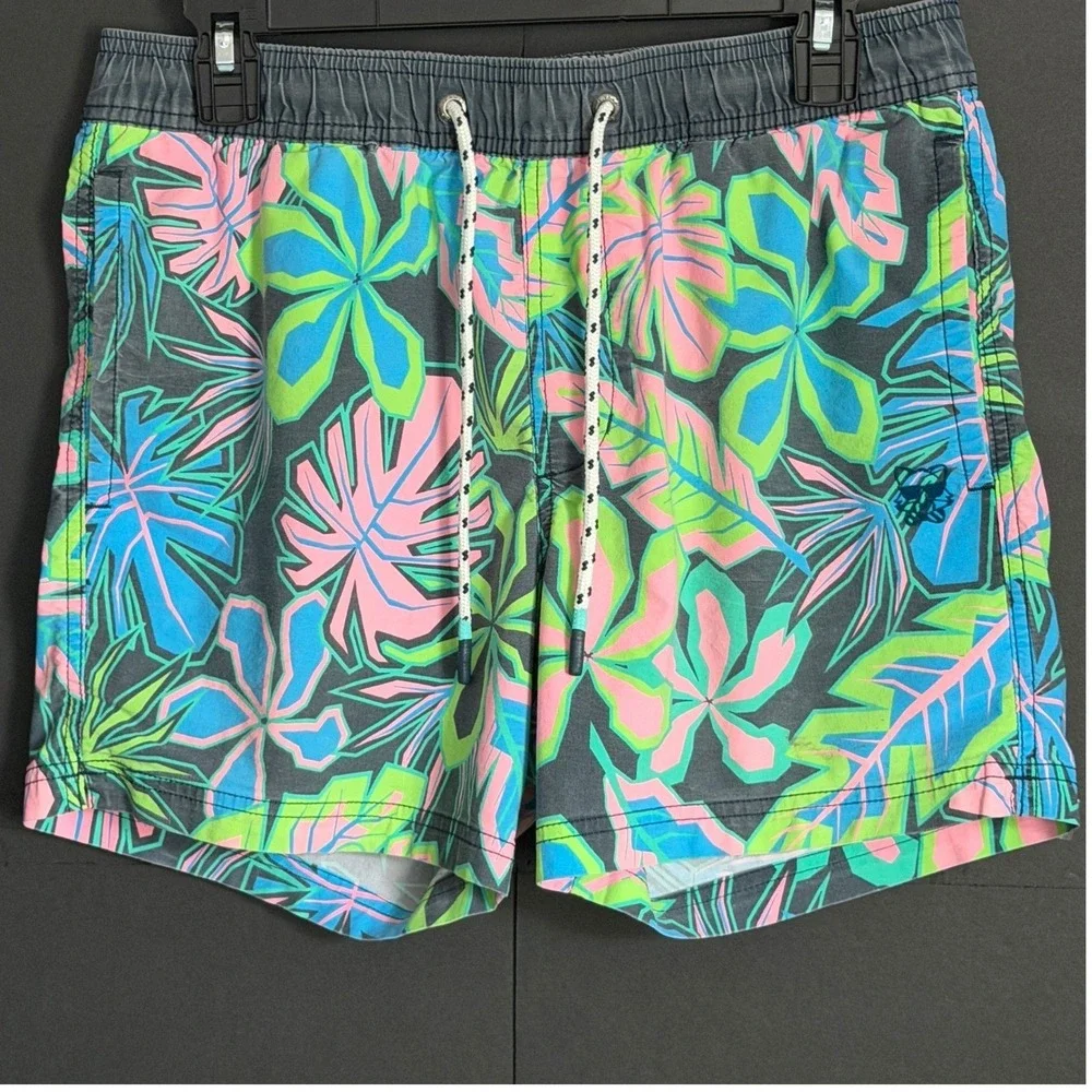 Party Pants Mens Tropical Floral Swim Trunks Neon Pink Green Blue Small
