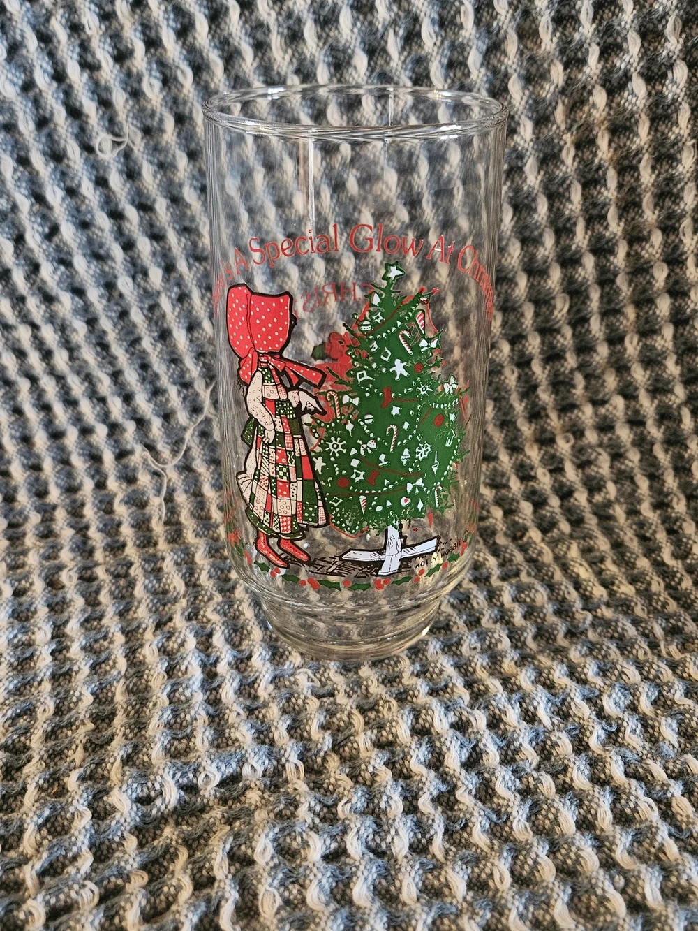 Clear Holiday Glass Tumbler with Green Christmas Tree and Red Accents
