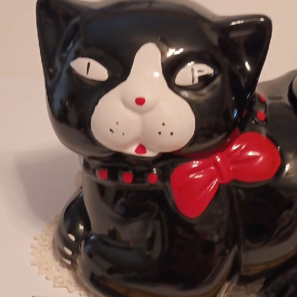 Vintage Whimsical Black Cat Cookie Jar with Red Bow