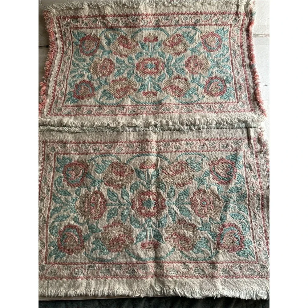 Vtg‎ Flower Blue and Pink Woven Placemats Tapestry Shabby Grandma Chic