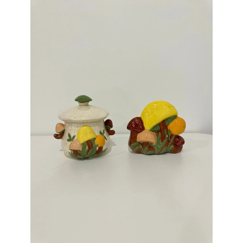 Vintage Ceramic Mushroom Sugar Bowl and Napkin Holder Set Retro Kitchen Decor‎
