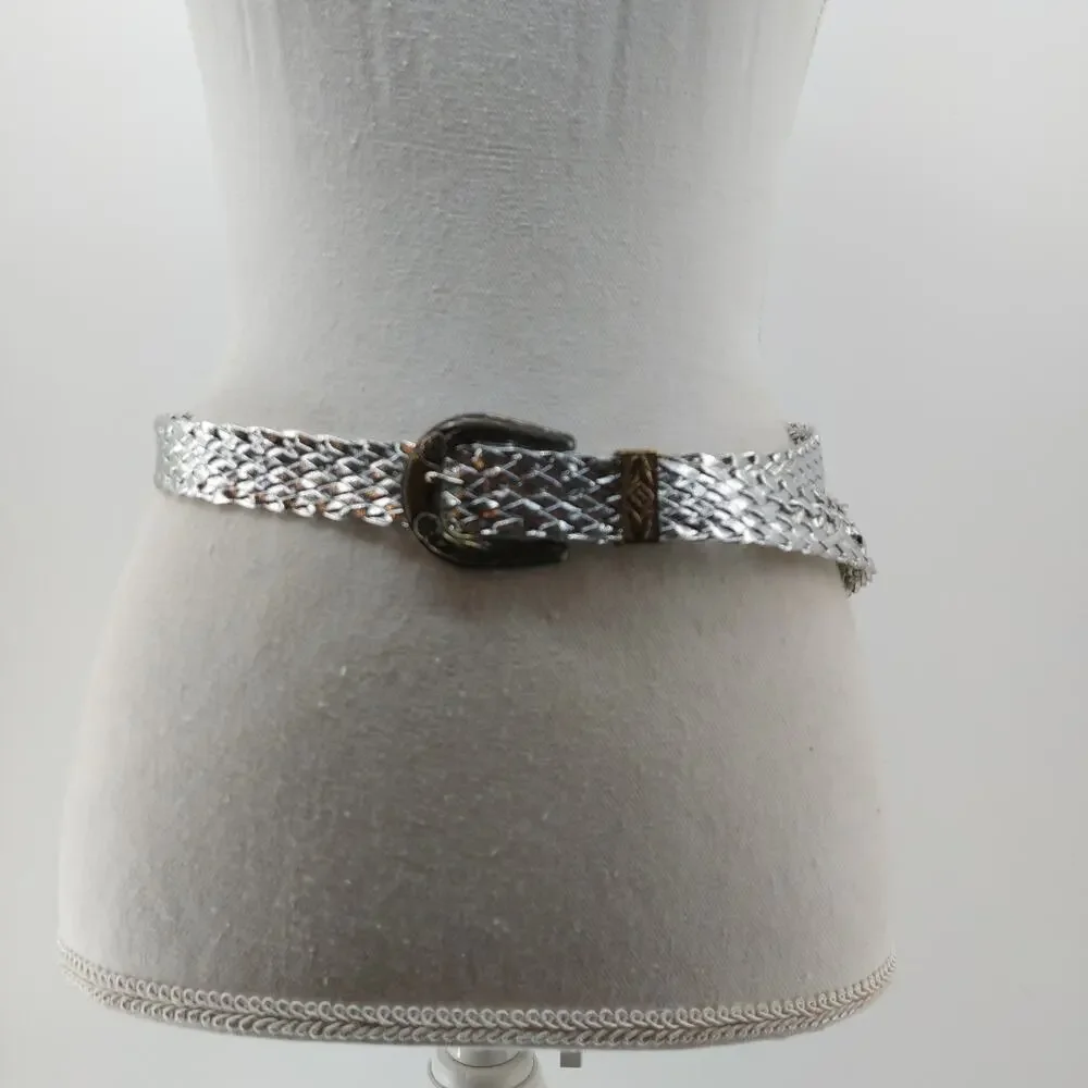 Vintage Womens Small Medium Silver Metallic Braided Belt Disco Festival