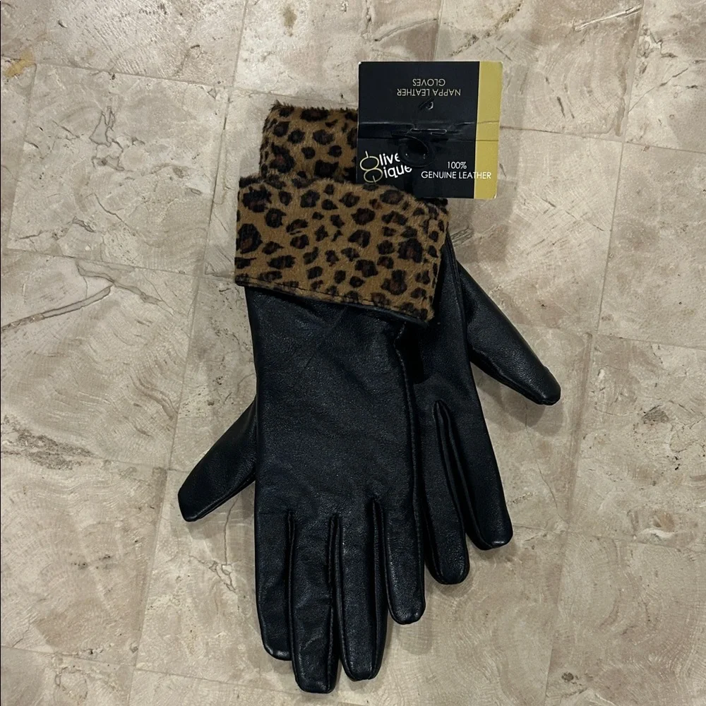 NWT Olive & Pique  Nappa Leather Black Gloves with Leopard Print‎ Cuff