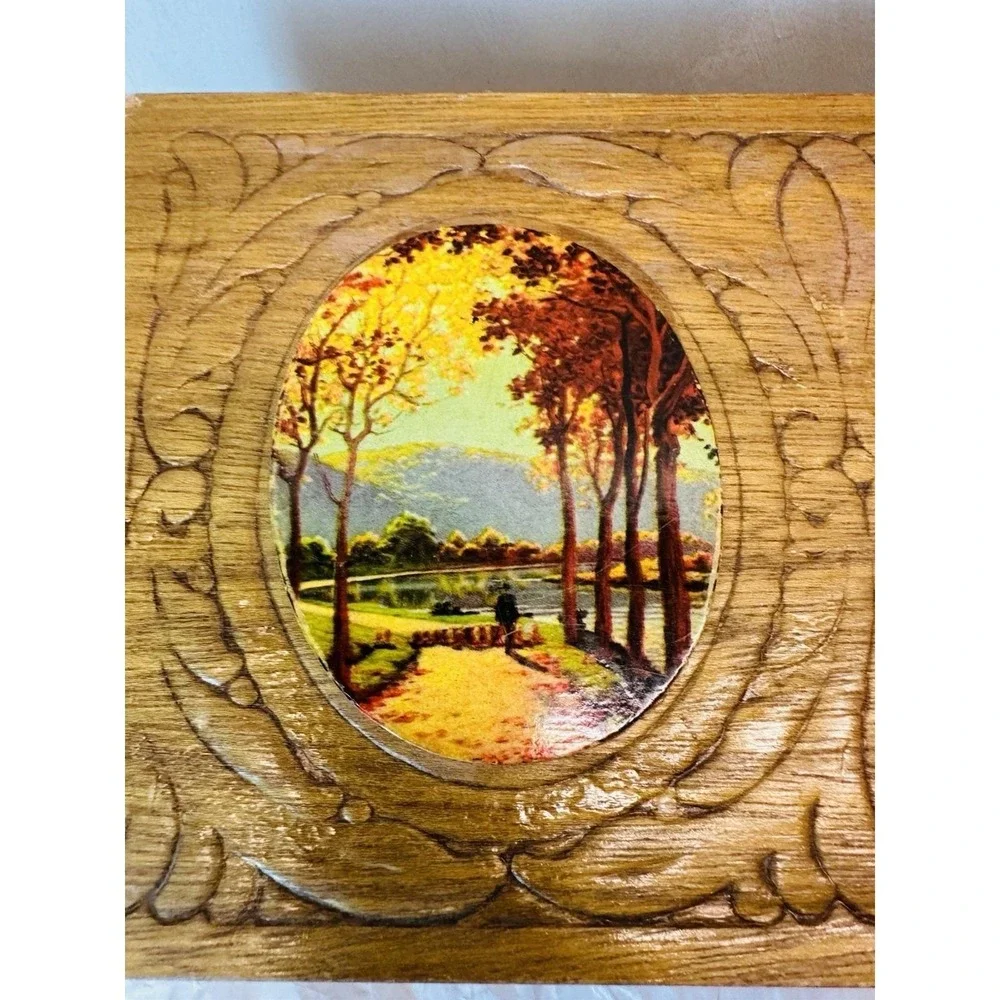 Vintage Cedar Jewelry box with carved and fall decopage lid, mirror inside