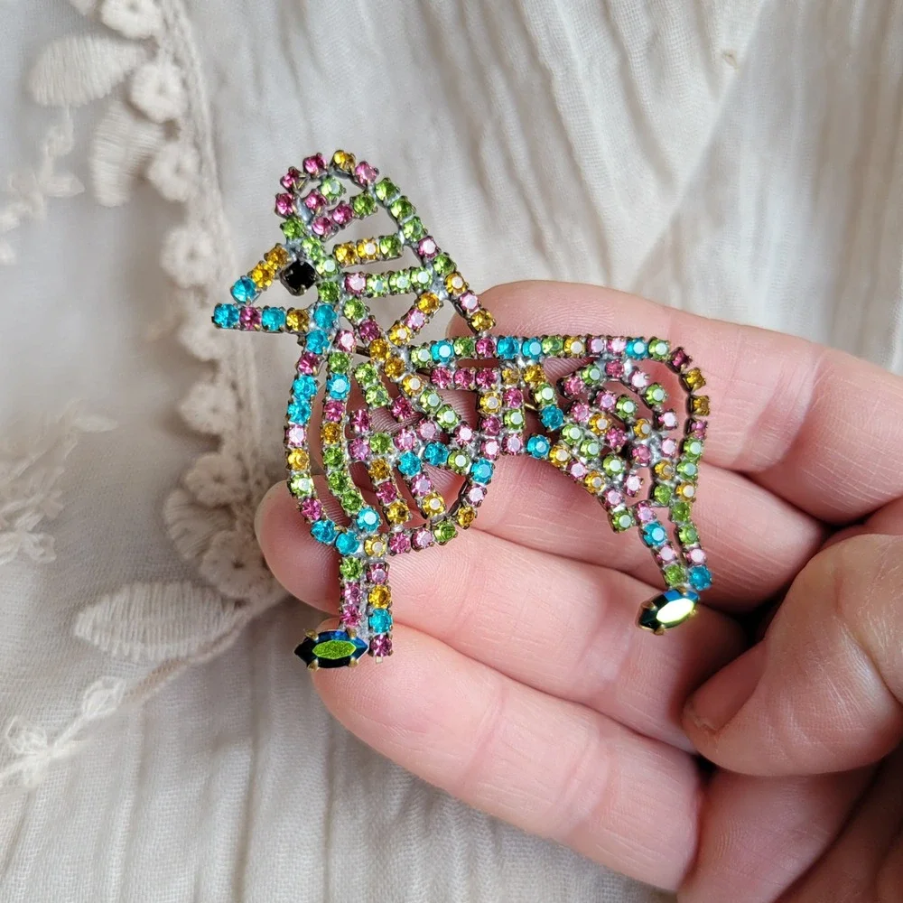 Vintage 1950s Czech Crystal Rhinestone Poodle Dog Brooch Multi Color Pot Metal