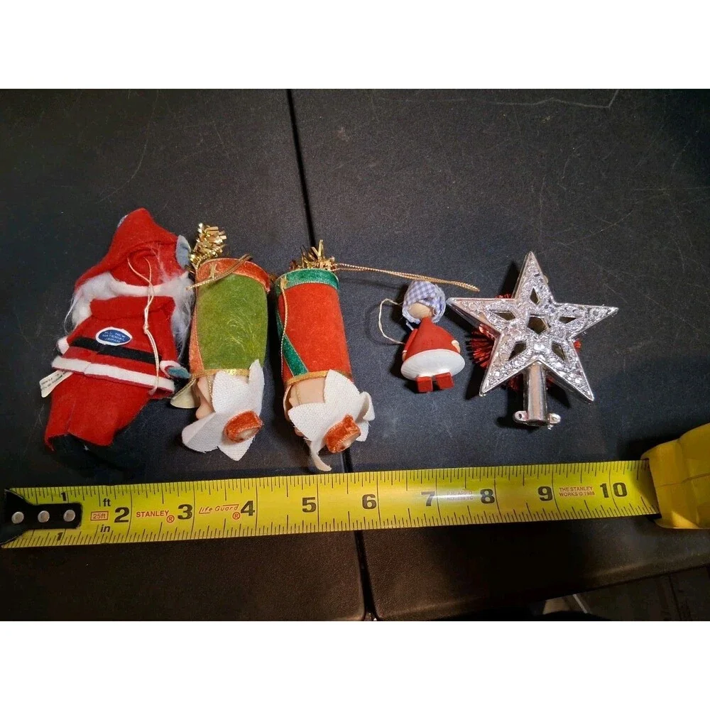 VINTAGE Kitsch 5 CHRISTMAS ORNAMENTS  ELF Soldier Santa Mouse Star Angel Girl