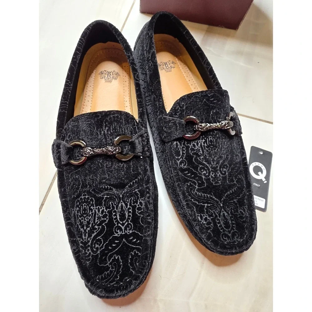 Royal Shoes Mens Black Velvet Paisley Damask Bit Loafers MOC-107 Size 8.5‎ NEW