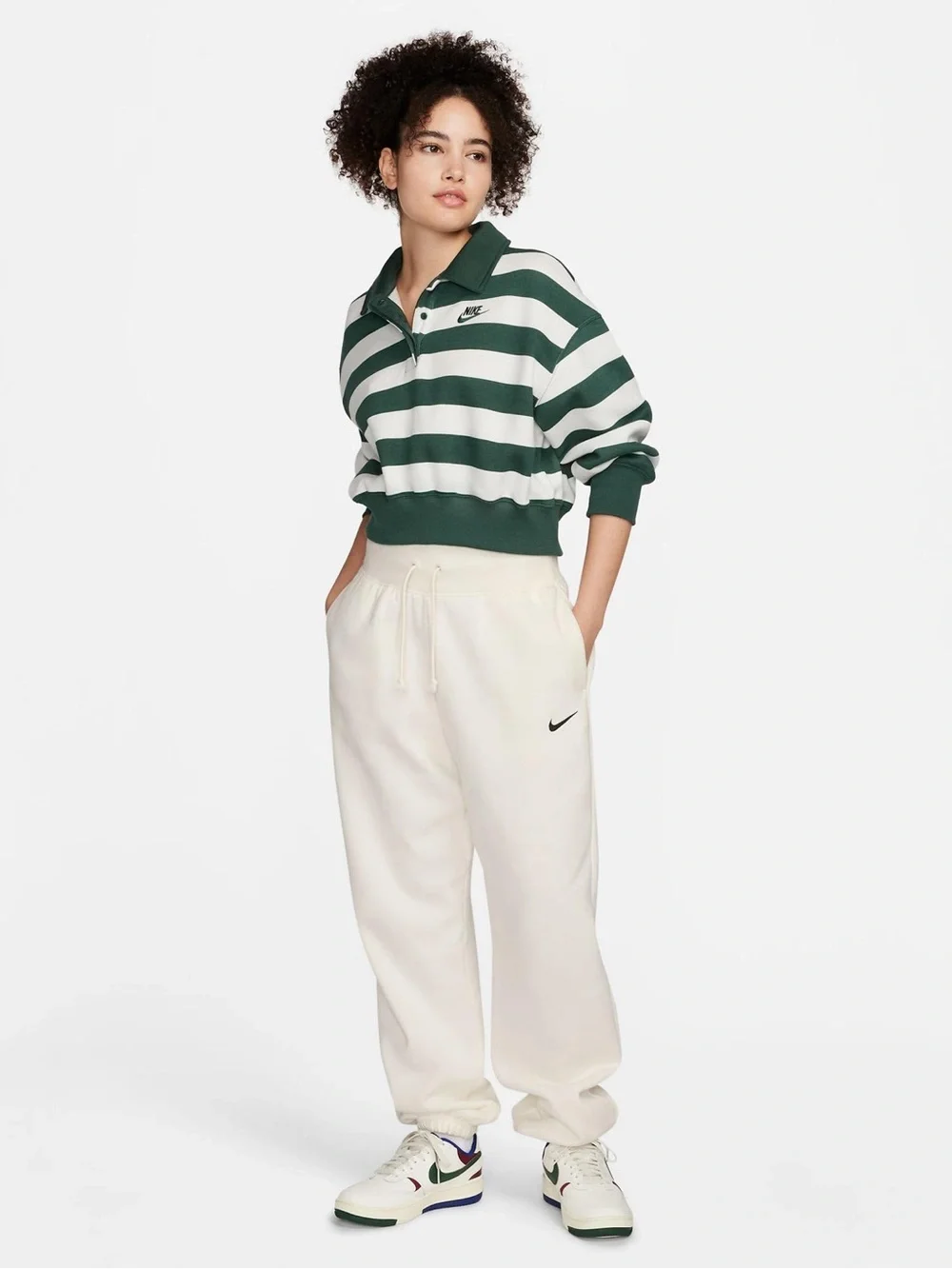 Nike Phoenix Cropped Rugby Polo Striped Sweatshirt Top Green White