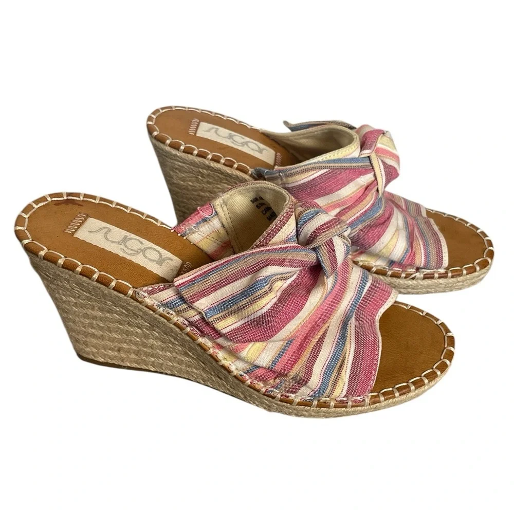 Sugar‎ Hundreds Wedge Sandals Fabric Natural Multicolor Beach Stripe Size 8.5