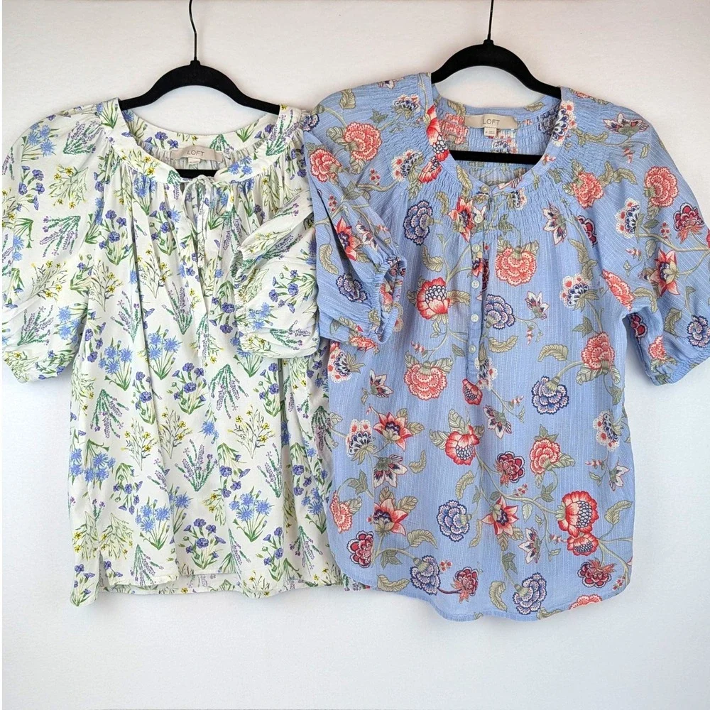 LOFT Blue Floral Dobby Stripe Smocked Puff‎ Sleeve Blouse Top Medium Bundle of 2
