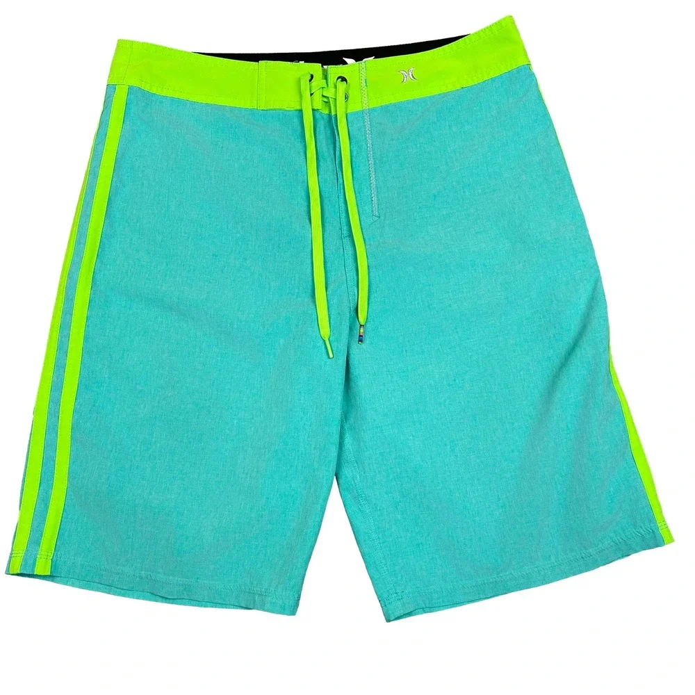 EUC Hurley Phantom Mens Board Shorts Teal Neon Green Striped Swim Trunks Size 32