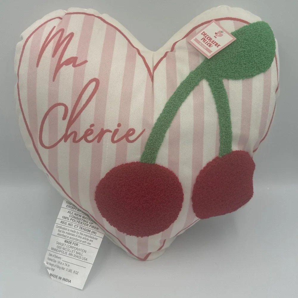 Ma Cherie Textured Cherries & Heart Shaped Pink &‎ White Accent Pillow 14
