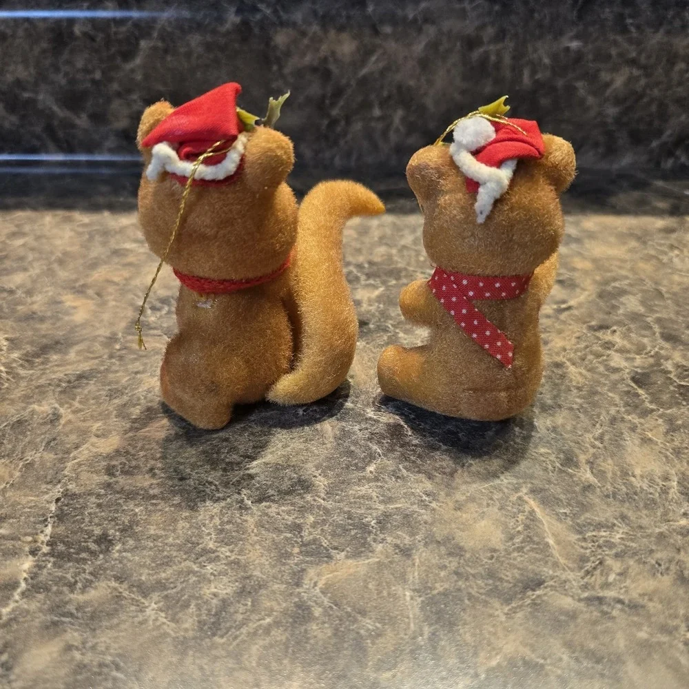 Vintage Flocked Christmas Ornaments‎ Squirrel & Bear with Santa Hats 1980s