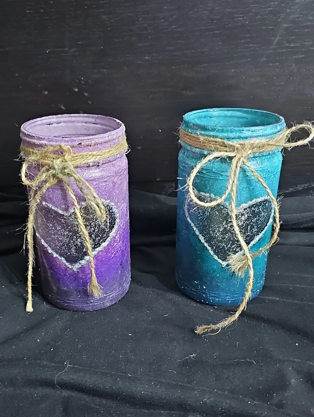 Handcrafted Purple and Teal Heart Mason Jar Vases by