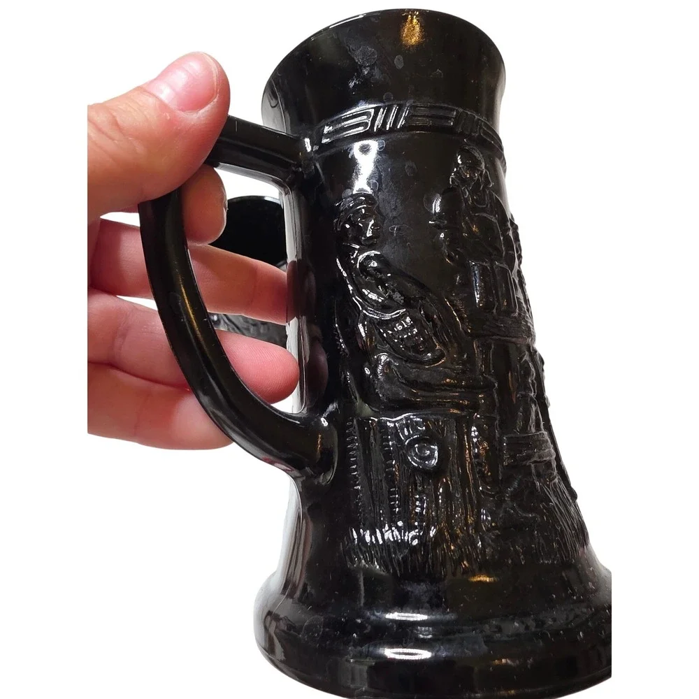 Vintage Black Amethyst Glass Beer‎ Stein Tavern Scene Embossed Mug Set of 3 A5