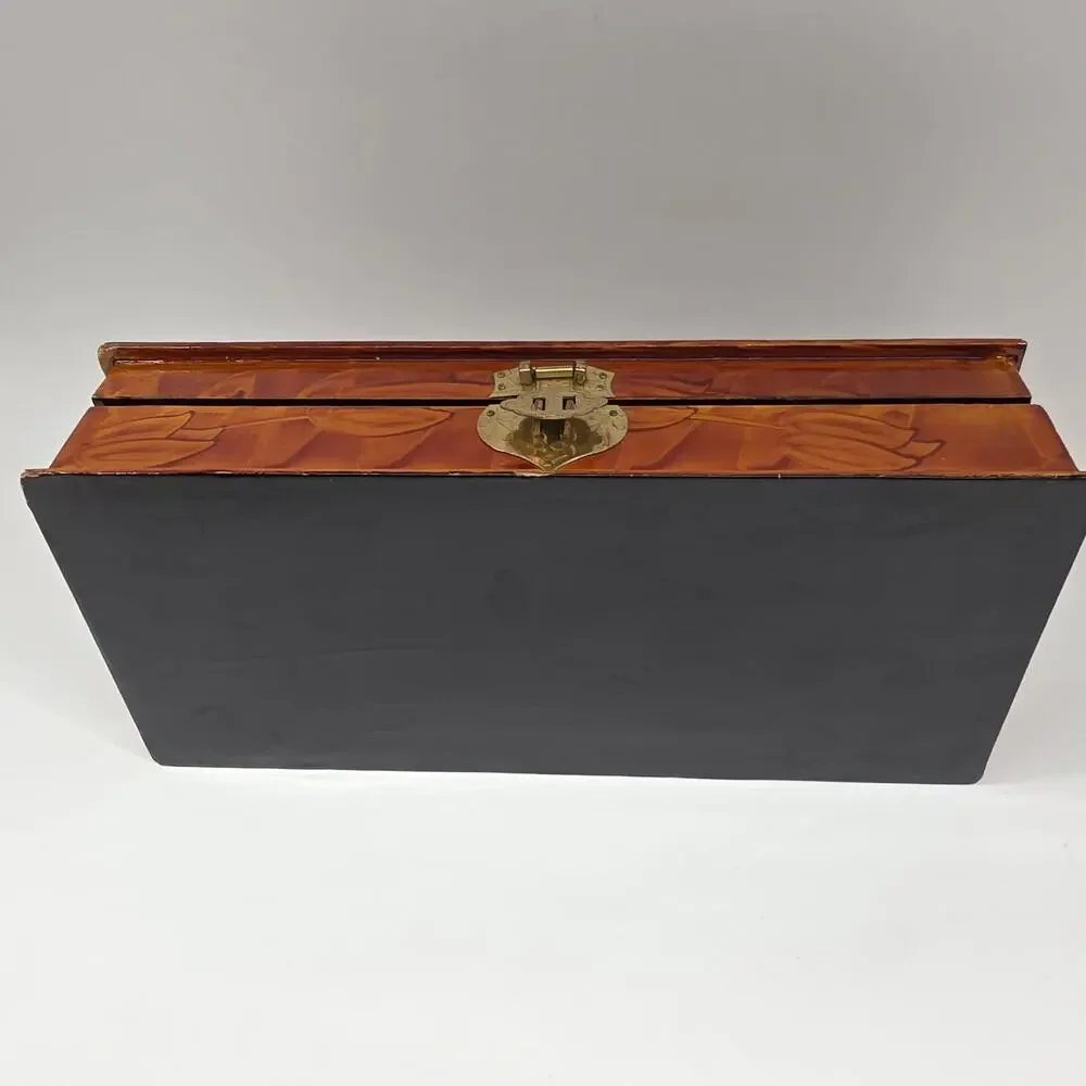 Vintage Chinese Wooden Jewelry Box Brass Hardware Jade Stone Inlay Red Lined