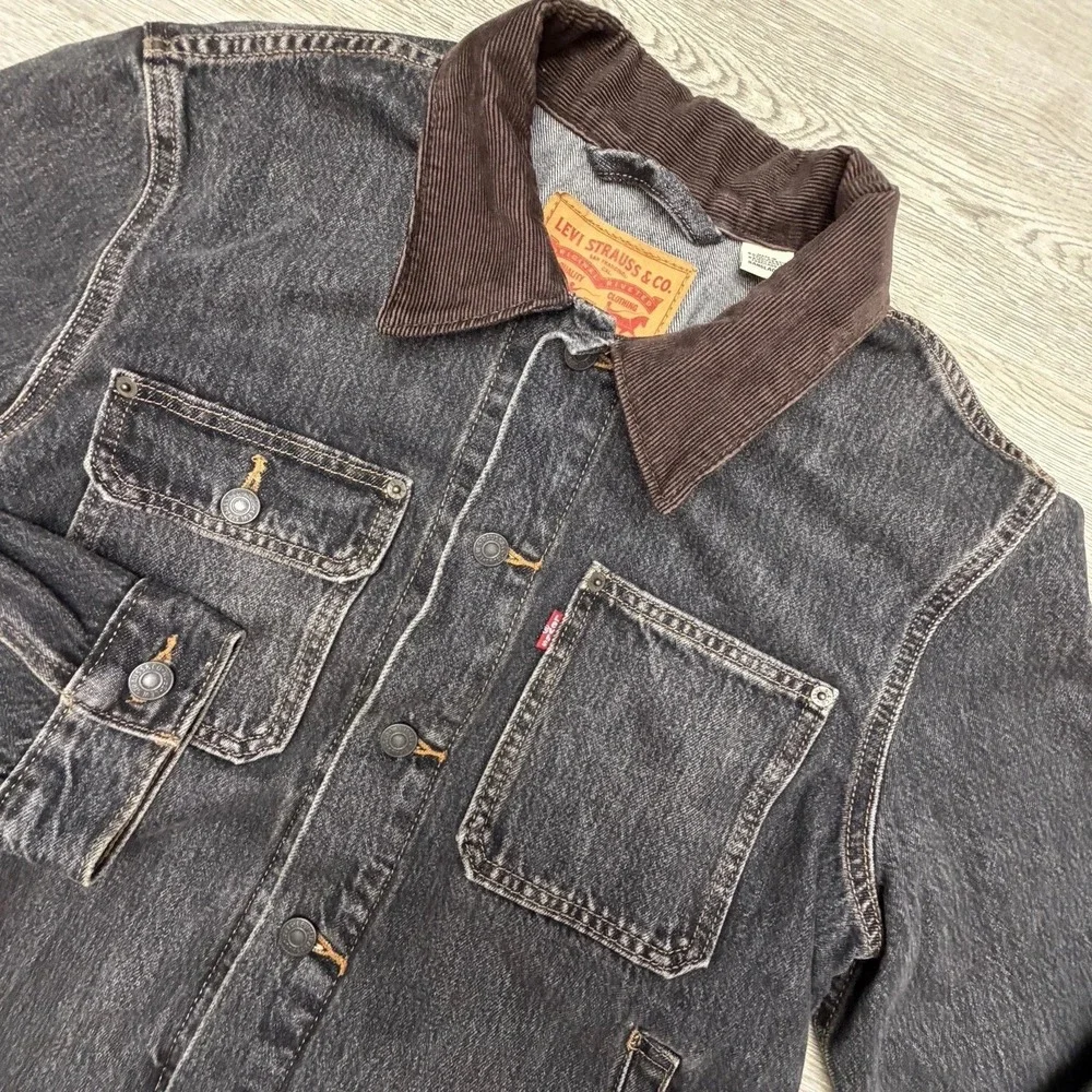 Levi's Stock Trucker Jacket Men's Small Black Denim Corduroy Collar Workwear