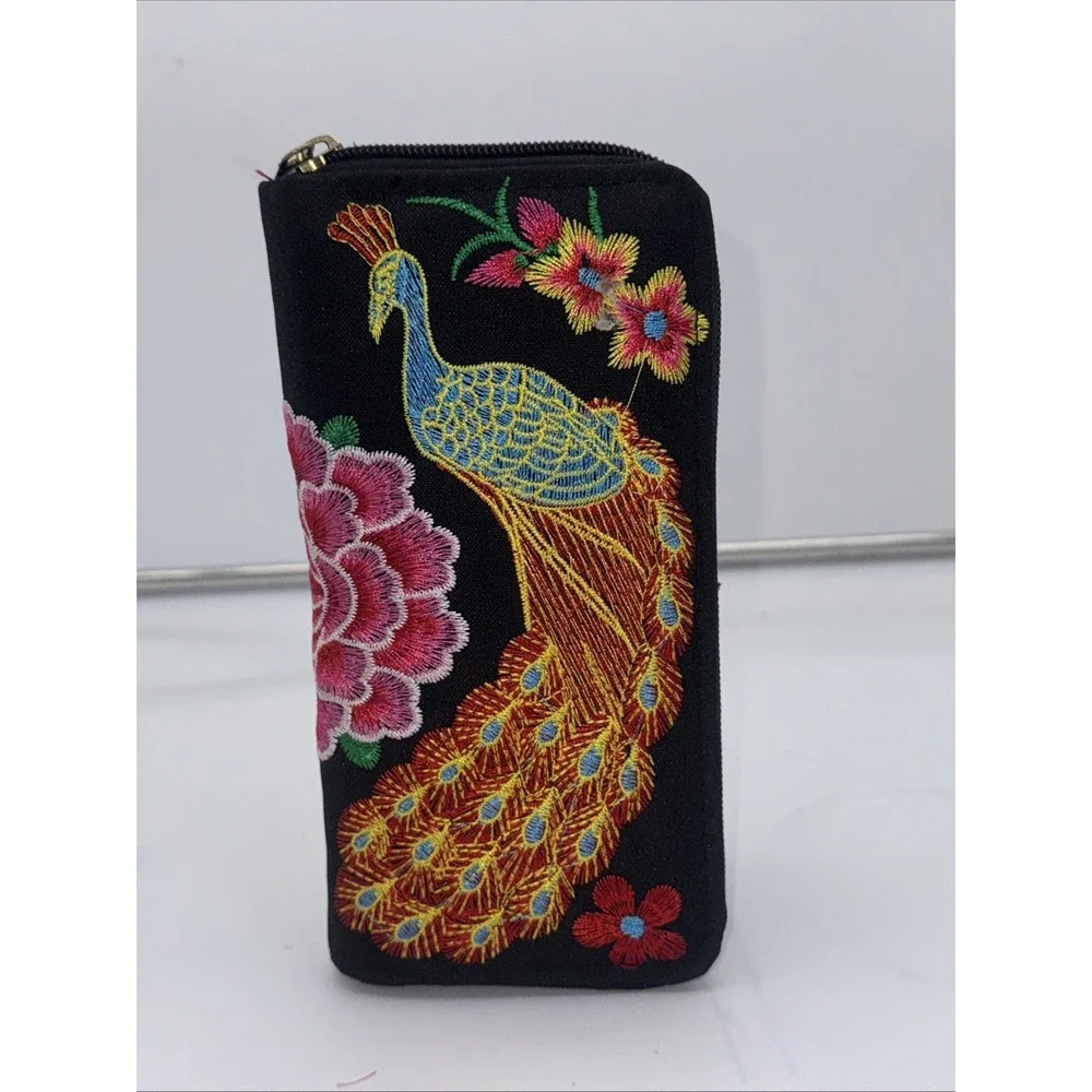 Black Canvas Pink Peacock & Floral‎ Embroidered Zippered Wallet - NEW (#5)