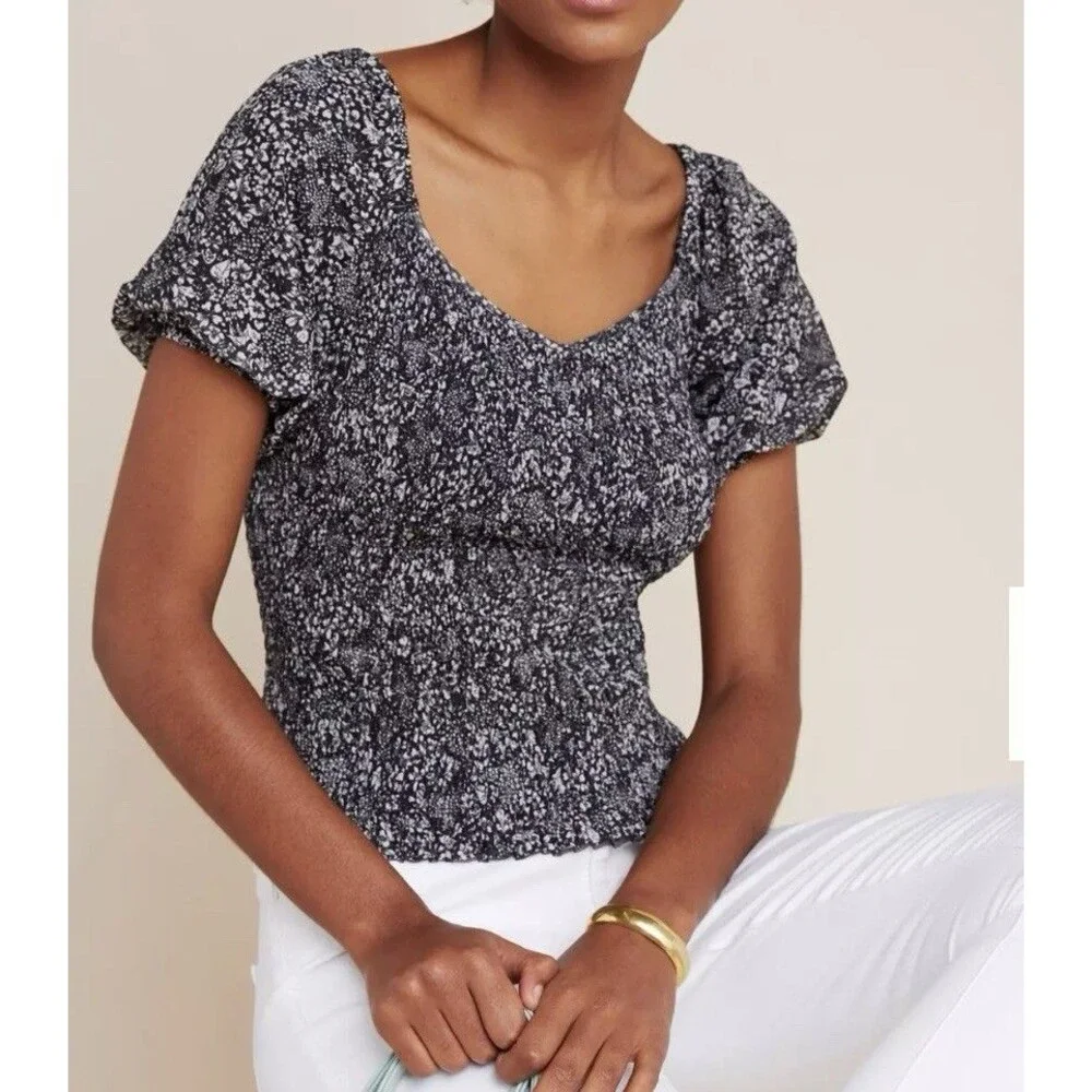 Anthropologie Smocked Top Black White Floral Mesh Puff Sleeve Boho Coquette L