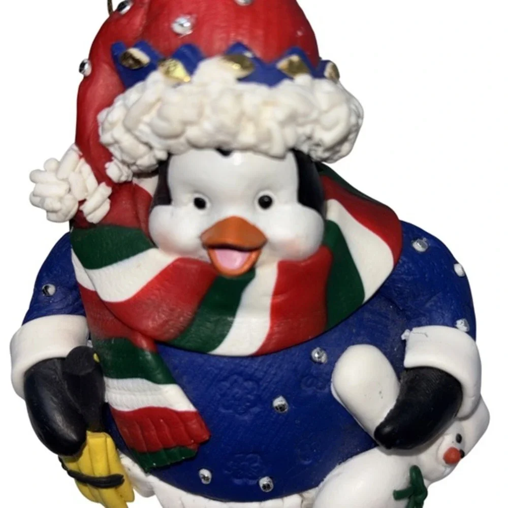 Penguin‎ Christmas Ornament Blue Sweater Snowman Scarf Rhinestone Holiday Decor