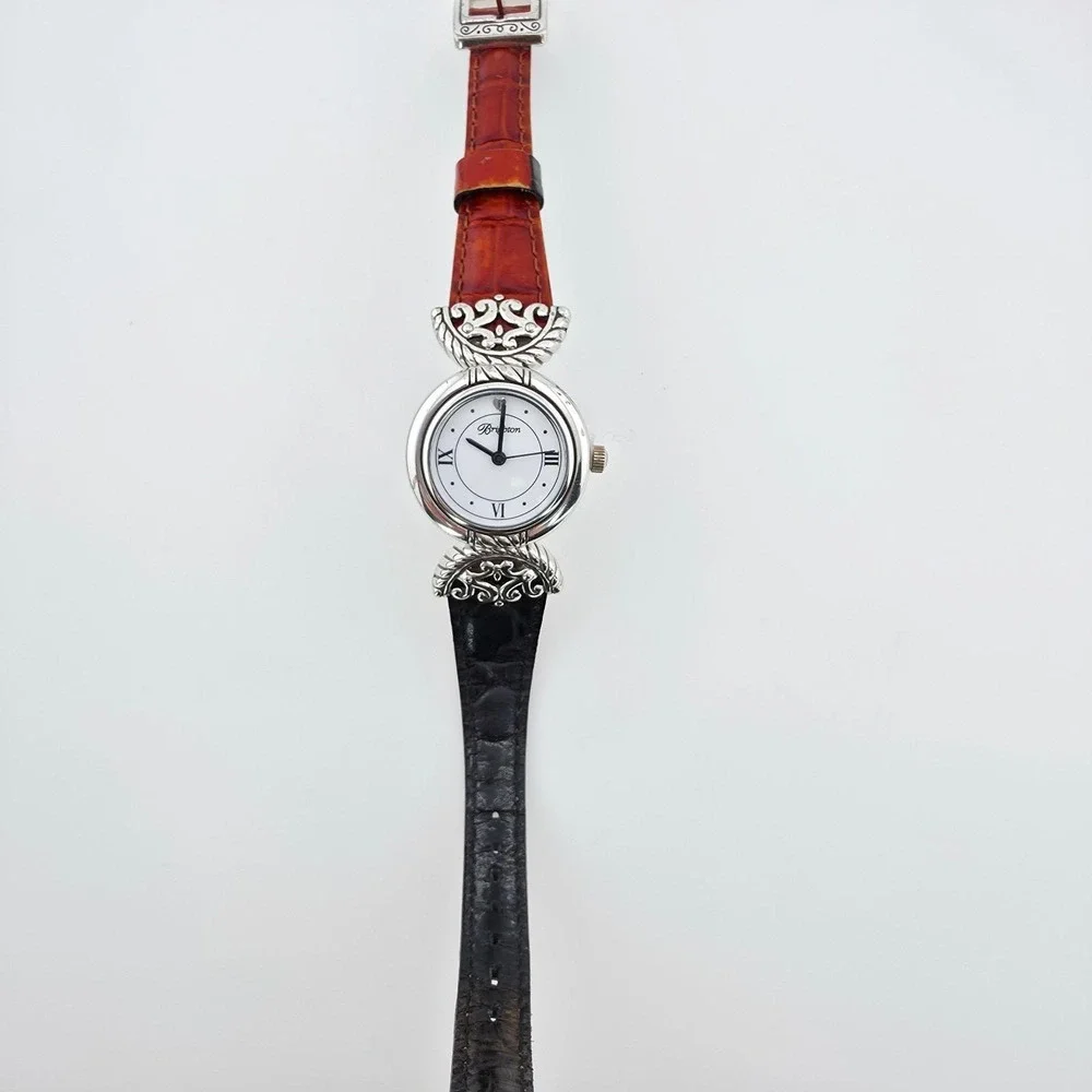 BRIGHTON 'Somerset' Watch Reversible Leather Black Brown Band Silver Plate 6.75