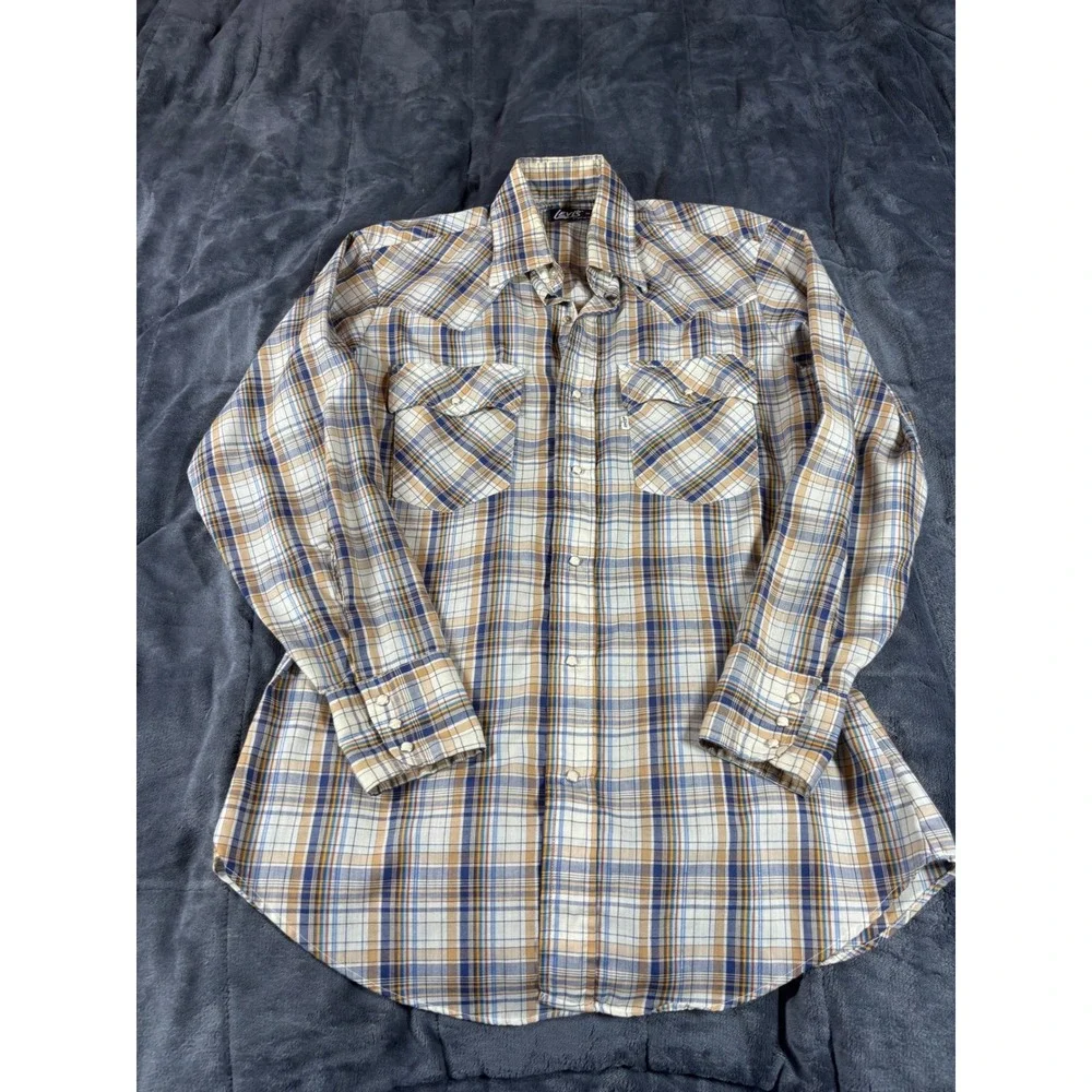 Levis Mens Regular Fit Western Pearl‎ Snap Plaid Long Sleeve Shirt Blue Tan M