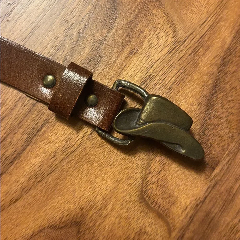 Vintage Brown Leather Belt with Cowboy Hat Belt Buckle