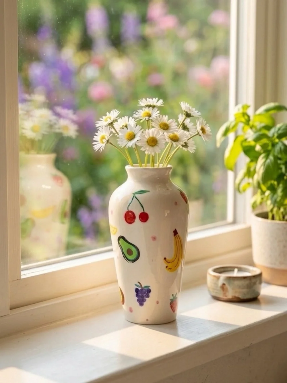 Hand Painted Fruit Vase White Ceramic Whimsical Cottagecore Kitchen Decor 6