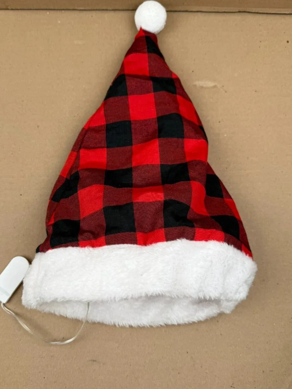 Light Up Christmas Santa Hat Red Black Buffalo Plaid Fuzzy Trim Holiday Festive