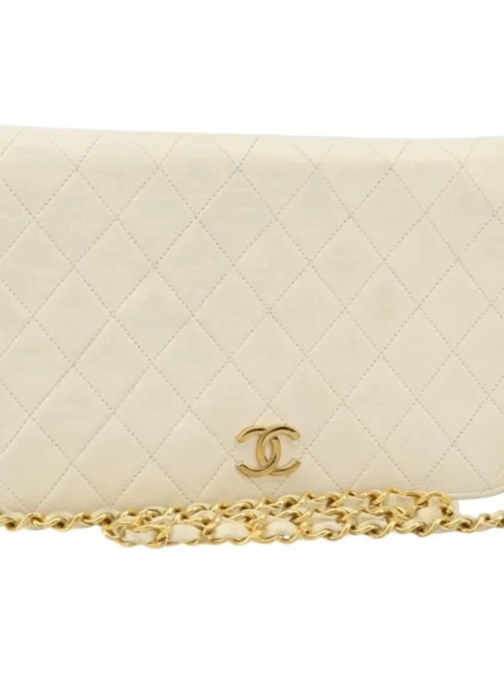 CHANEL Matelasse Chain Shoulder Bag Lamb Skin White Gold CC Auth BA12264