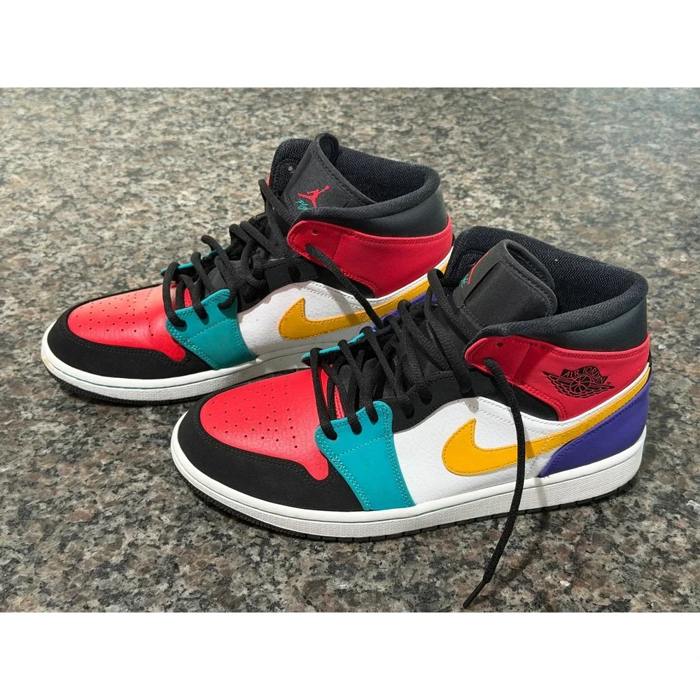 Air Jordan 1 Mid Multi-Color Red Blue Yellow Black 554724-125 Mens‎ 9.5