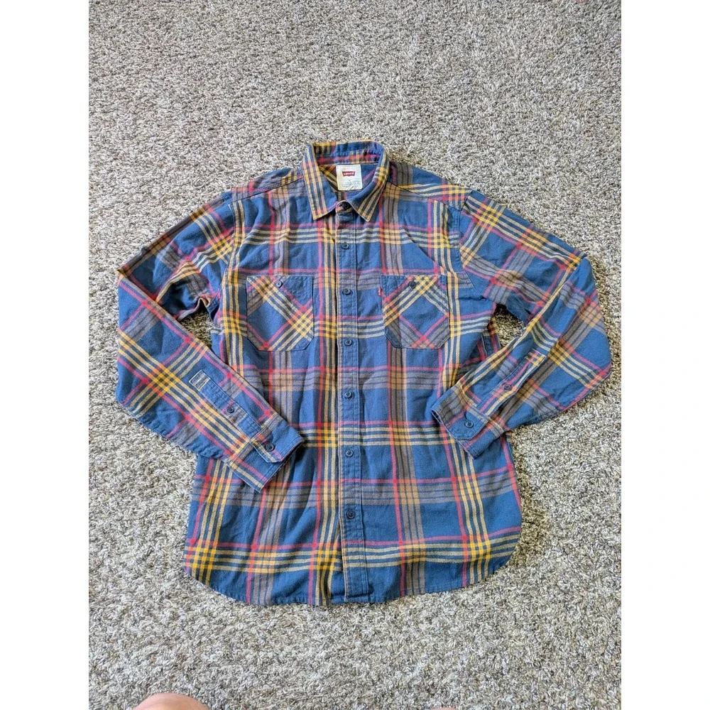 Levi's‎ 2-Pocket Flannel Shirt Button Up Long Sleeve Medium Blue Yellow Red