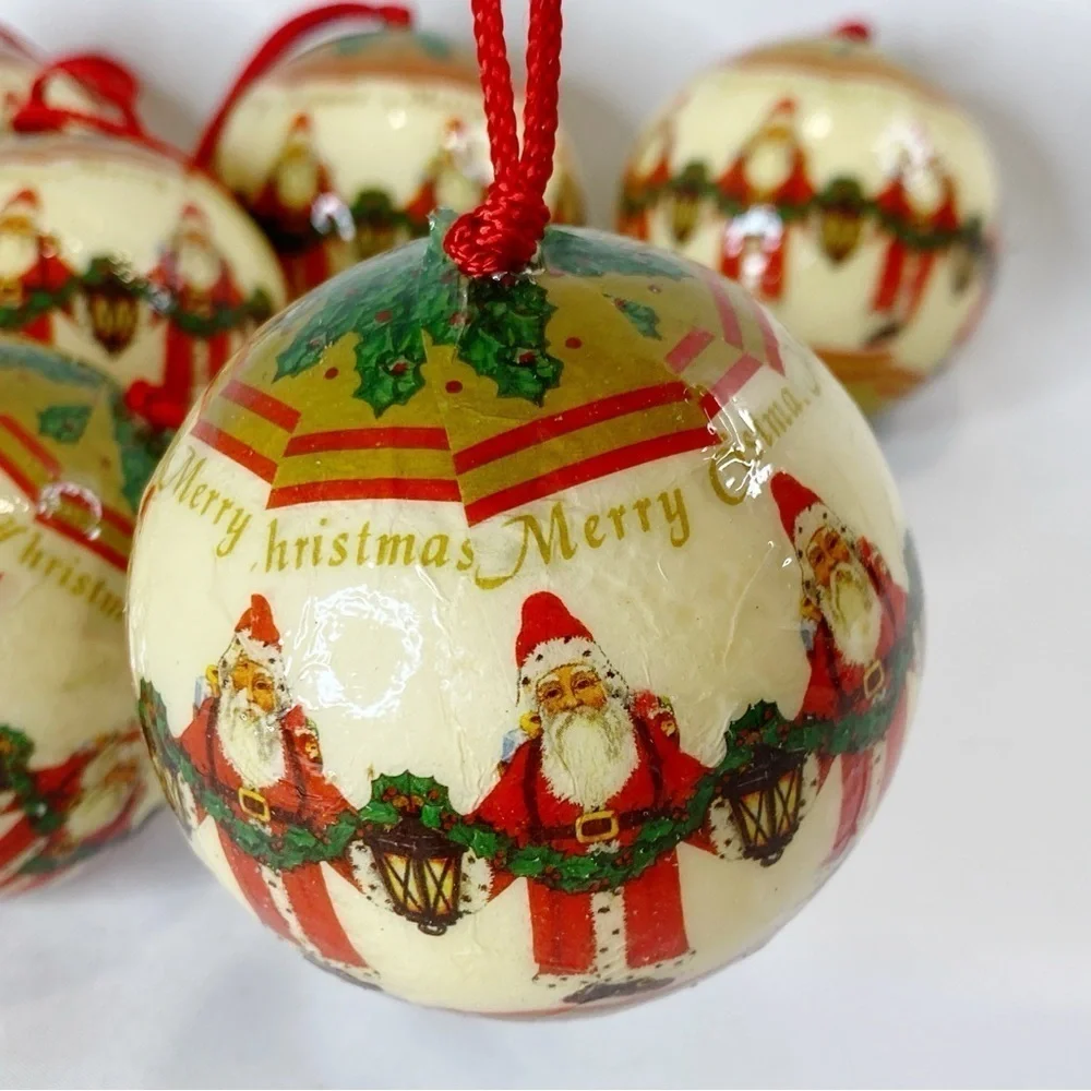 Lot of 6 1990 Kurt S Adler Vintage Round Ball Paper Mache Santa Ornaments 3”