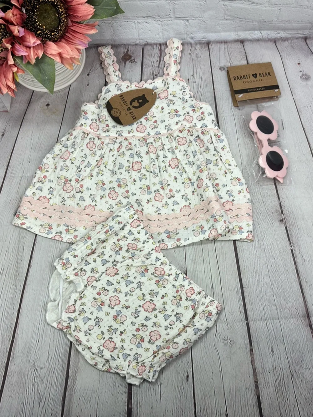 NWT Rabbit & Bear Organic cotton Pink Floral sundress Set 24M boho cottage