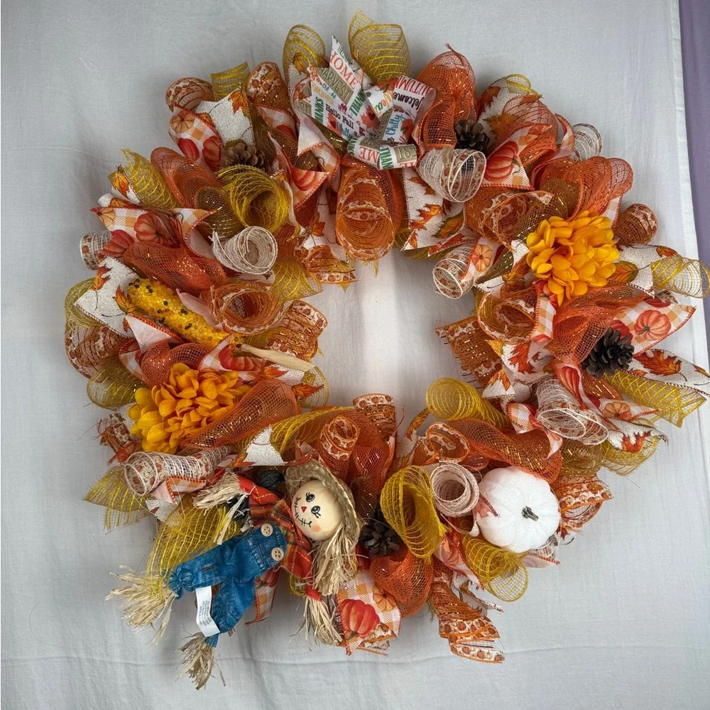 Hand made Autumn Harvest Wreath with Scarecrow‎