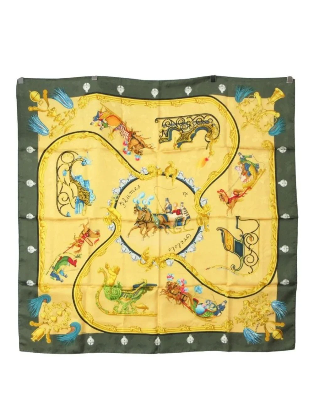 Hermes Scarf Carre 90 Plumes Et Grelots Silk Carriages Yellow