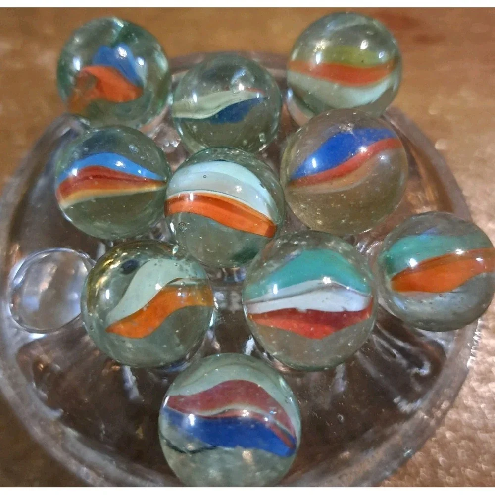 Lot Of 10 Estate Sale Marbles Red Wht Blue & Orange Wht‎ Grn