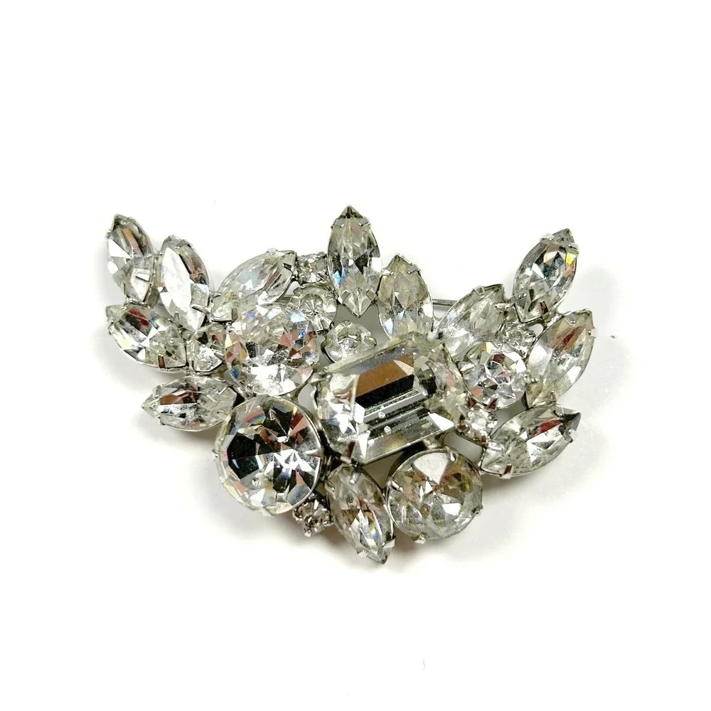 Kramer Rhinestone Statement Brooch Pin Silver Tone Clear Vintage‎ Old Hollywood
