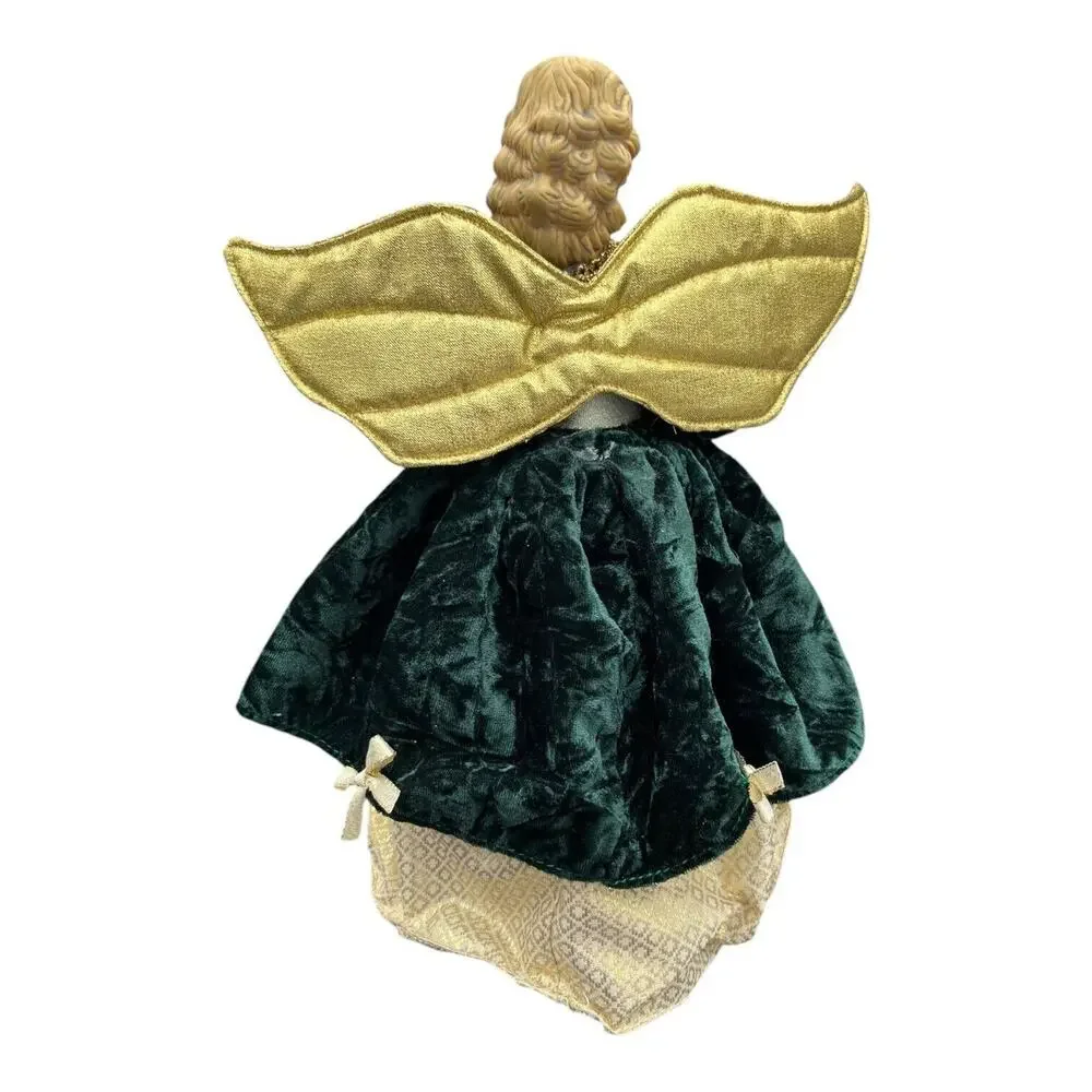 Vtg‎ Angel Tree Topper Green Velvet Gold Wings Porcelain Head Christmas 12