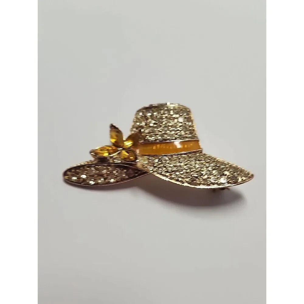 Vintage Monet Hat Brooch Pave Palest Yellow Amber Rhinestone Bow Enamel Trim Pin