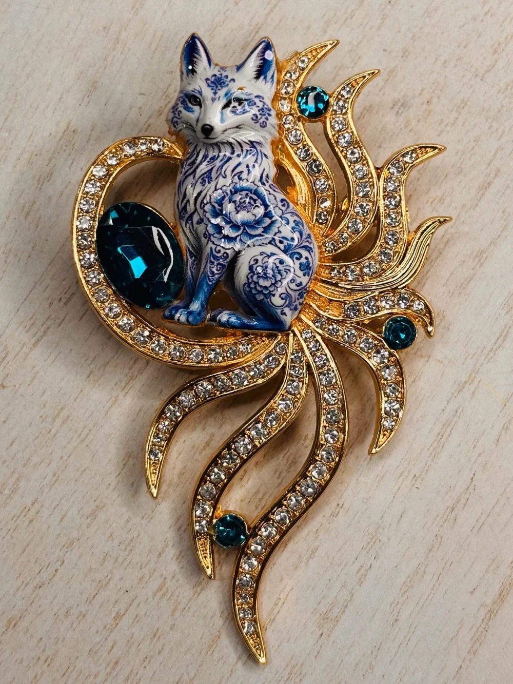 New Blue & White Floral Fox Brooch Pin Rhinestone Gold Tone Woodland Statement