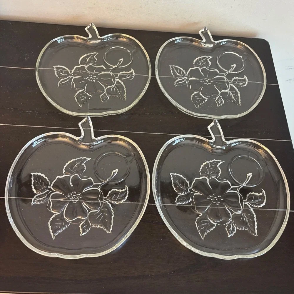 Vintage Hazel Atlas‎ Apple Blossom | Set of 4 | Clear Glass | Snack Plates Only