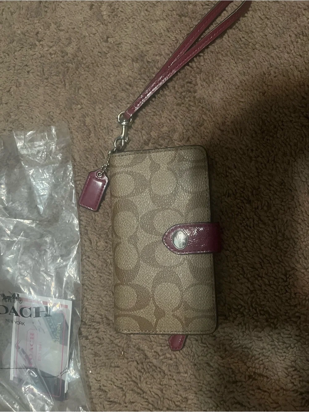 Coach Signature Canvas Wristlet Wallet in Brown & Burgundy